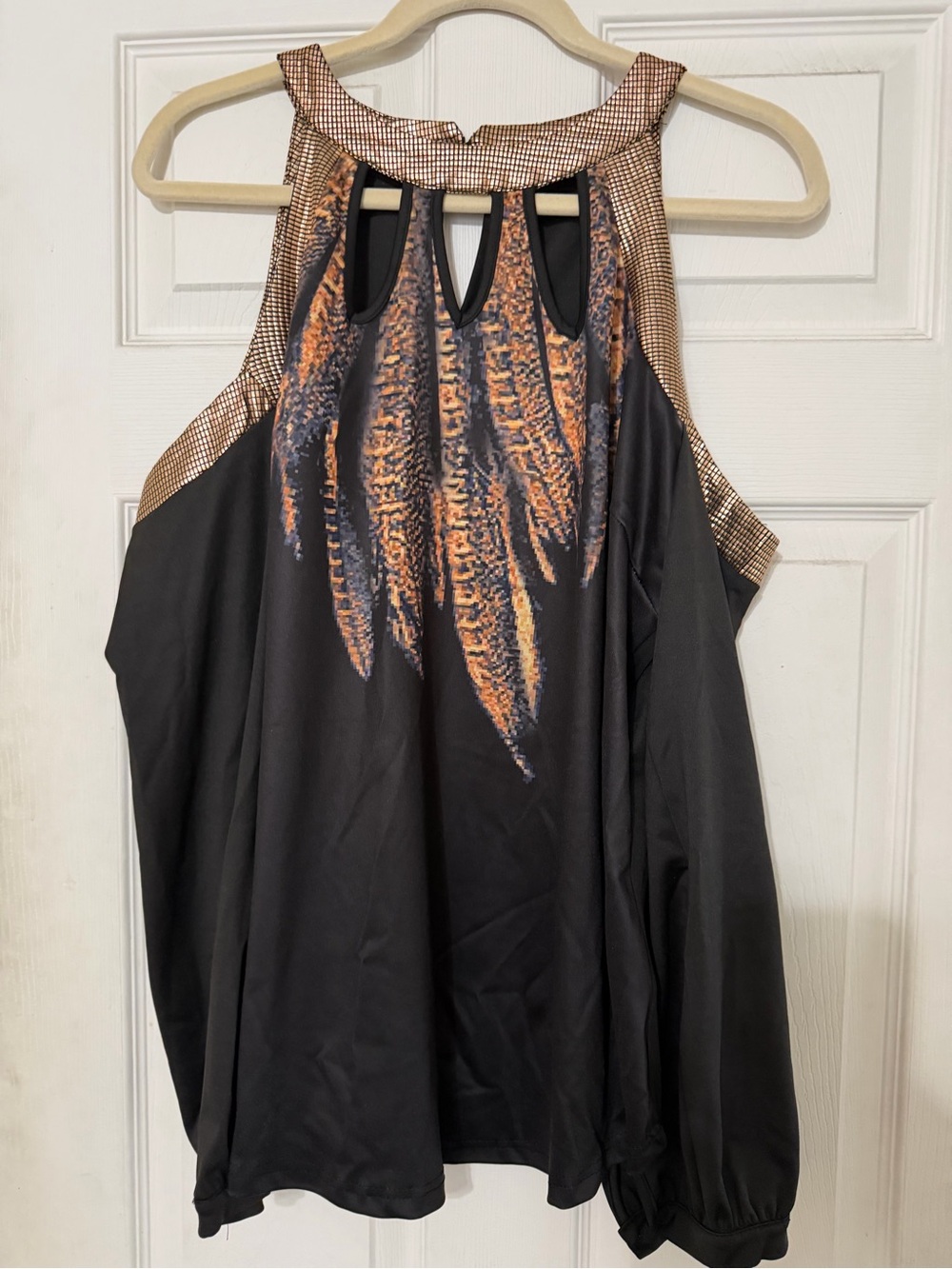 Women's Black Sleeveless Halter Top with Metallic Accents